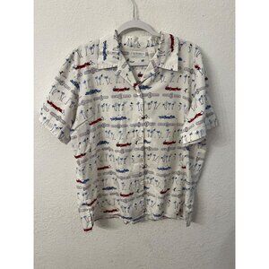 Elisabeth By Liz Claiborne Vintage Car & Palm Tree Print Short Sleeve Shirt Size